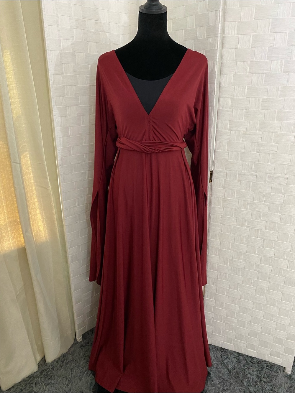 L'ATISTE Deep Wine Long Sleeve Wrap Maxi Dress